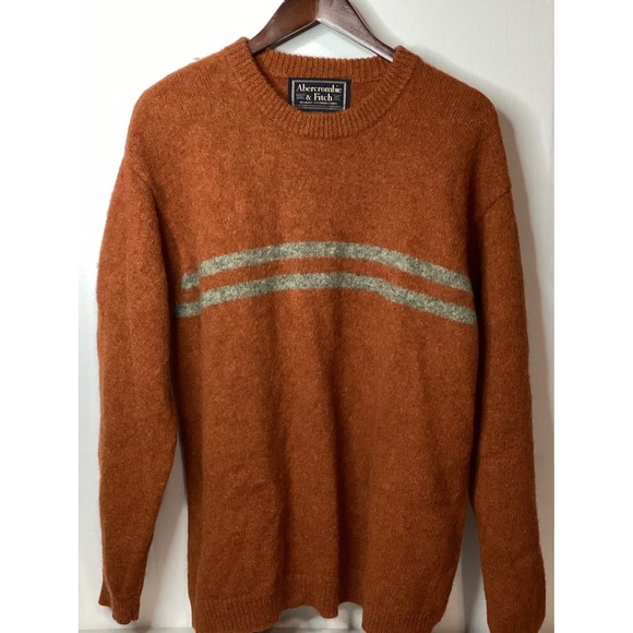 Abercrombie Fitch Mens Crewneck Sweater Orange Wool Striped XL - Picture 3 of 11
